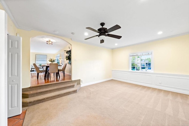 4920 Elsa Rd, San Diego, CA 92120 - spare room featuring arched walkways, crown molding, recessed lighting, a ceiling fan, and carpet