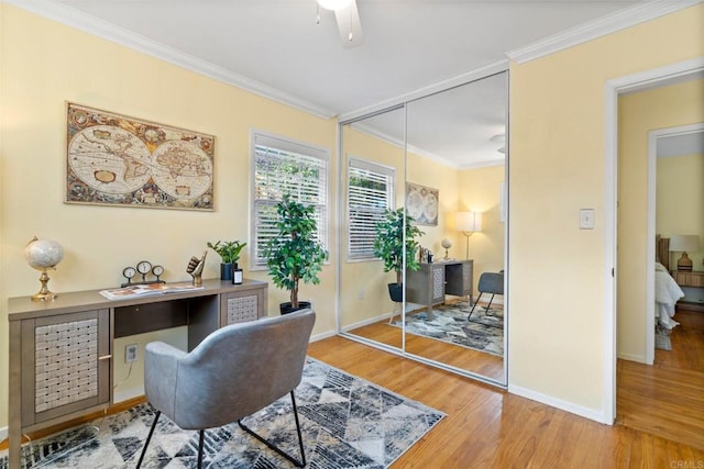 4920 Elsa Rd, San Diego, CA 92120 - office area with light wood-type flooring, ornamental molding, and a ceiling fan