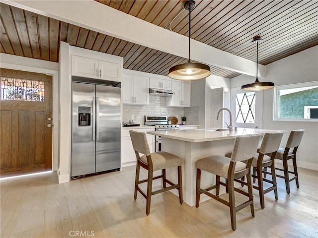 2310 W 169th Pl, Torrance, CA 90504 - kitchen featuring appliances with stainless steel finishes, under cabinet range hood, light wood finished floors, tasteful backsplash, and a wood ceiling with exposed beams
