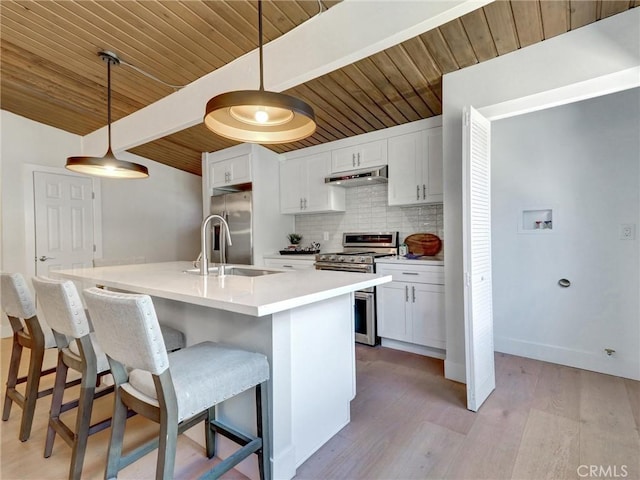 2310 W 169th Pl, Torrance, CA 90504 - kitchen with appliances with stainless steel finishes, a wooden ceiling with exposed beams, tasteful backsplash, under cabinet range hood, and light wood-style flooring