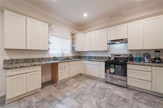 2461 Santa Ana N, Los Angeles, CA 90059 - kitchen featuring stainless steel range with gas cooktop, under cabinet range hood, open shelves, ornamental molding, and stone countertops