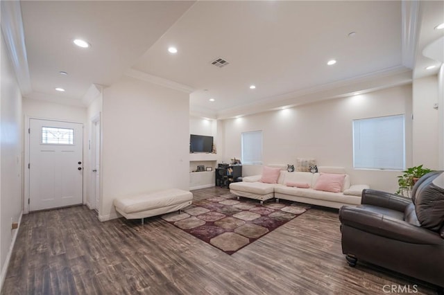 2461 Santa Ana N, Los Angeles, CA 90059 - living room with wood finished floors, ornamental molding, and recessed lighting