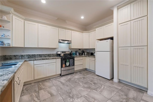 2461 Santa Ana N, Los Angeles, CA 90059 - kitchen with freestanding refrigerator, stainless steel range with gas stovetop, under cabinet range hood, crown molding, and open shelves