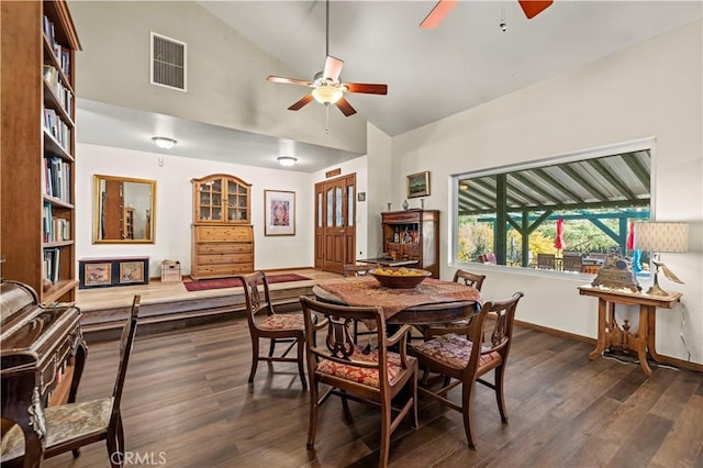 35728 Beauty Vista Ln, Agua Dulce, CA 91390 - dining area with a ceiling fan, high vaulted ceiling, and wood finished floors