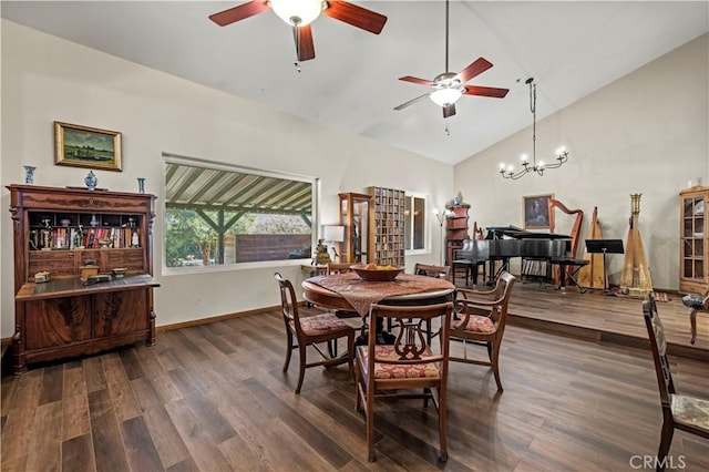 35728 Beauty Vista Ln, Agua Dulce, CA 91390 - dining area with a ceiling fan, wood finished floors, high vaulted ceiling, and a chandelier