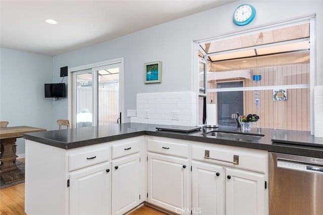 270 N Orange Grove Blvd, Pasadena, CA 91103 - kitchen with dishwasher, white cabinetry, a peninsula, tasteful backsplash, and light wood-style floors