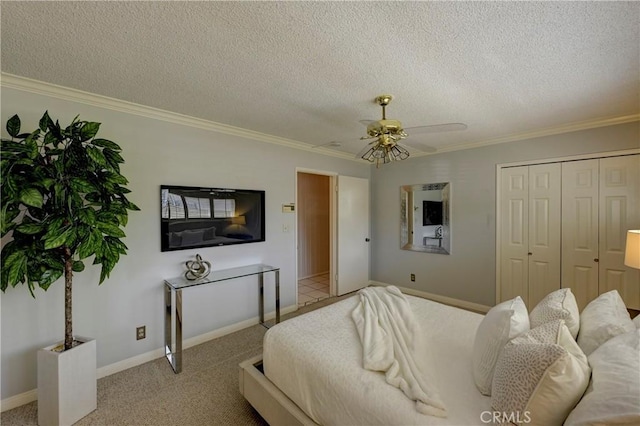 18342 Piper Pl, Yorba Linda, CA 92886 - bedroom with crown molding, a textured ceiling, light colored carpet, ceiling fan, and a closet