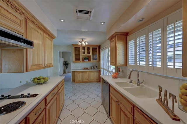 18342 Piper Pl, Yorba Linda, CA 92886 - kitchen featuring stainless steel dishwasher, light countertops, exhaust hood, light tile patterned floors, and recessed lighting