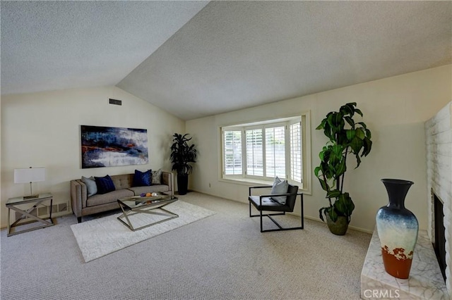 18342 Piper Pl, Yorba Linda, CA 92886 - living area with carpet flooring, lofted ceiling, and a textured ceiling