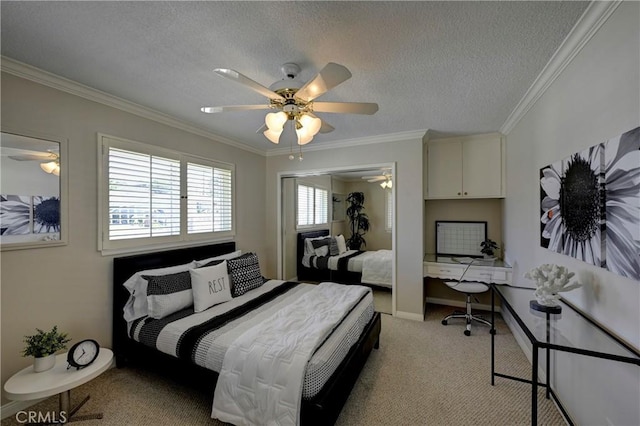 18342 Piper Pl, Yorba Linda, CA 92886 - bedroom with a desk, ornamental molding, light colored carpet, a ceiling fan, and a textured ceiling