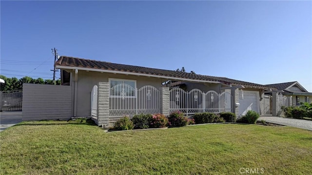 18342 Piper Pl, Yorba Linda, CA 92886 - ranch-style home featuring a fenced front yard, a garage, driveway, stucco siding, and a tiled roof