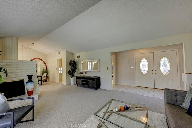 18342 Piper Pl, Yorba Linda, CA 92886 - carpeted living room featuring lofted ceiling and a textured ceiling