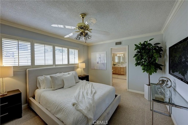 18342 Piper Pl, Yorba Linda, CA 92886 - bedroom with light colored carpet, a textured ceiling, crown molding, connected bathroom, and a ceiling fan
