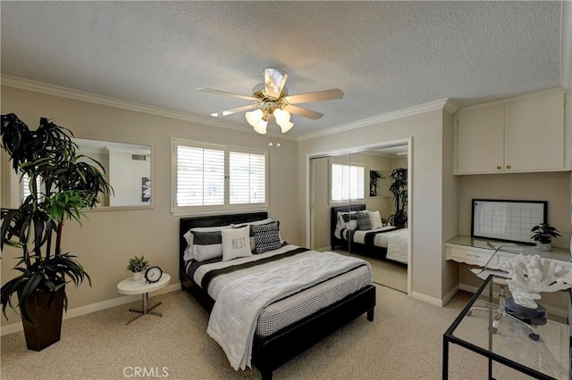 18342 Piper Pl, Yorba Linda, CA 92886 - bedroom featuring crown molding, a textured ceiling, a closet, light colored carpet, and ceiling fan