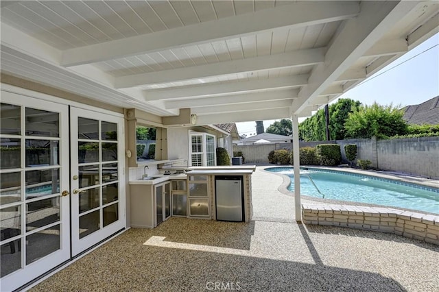 18342 Piper Pl, Yorba Linda, CA 92886 - view of pool featuring french doors, area for grilling, a fenced backyard, and a patio