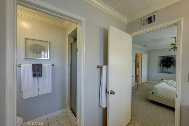 18342 Piper Pl, Yorba Linda, CA 92886 - ensuite bathroom featuring a textured ceiling, a shower stall, and crown molding