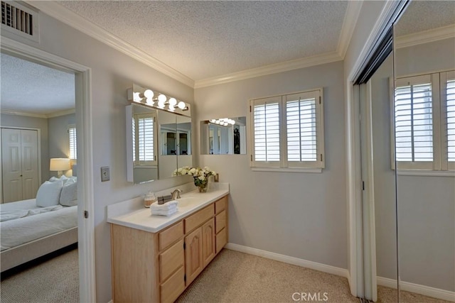18342 Piper Pl, Yorba Linda, CA 92886 - bathroom with a textured ceiling, vanity, ornamental molding, and ensuite bathroom