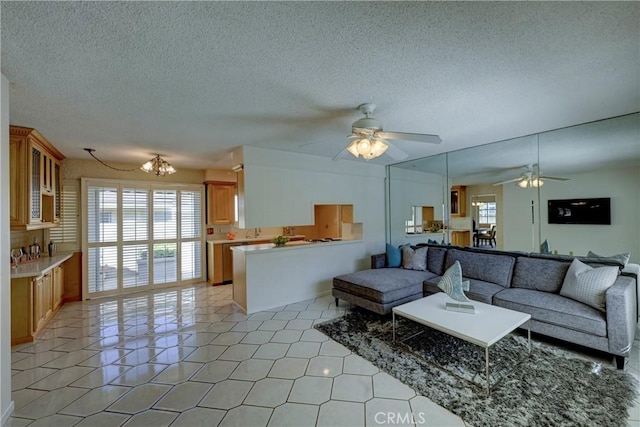 18342 Piper Pl, Yorba Linda, CA 92886 - living room featuring a ceiling fan, a textured ceiling, and light tile patterned floors