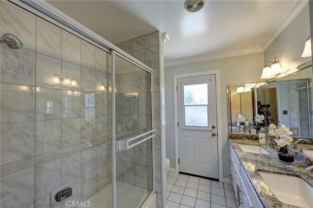 18342 Piper Pl, Yorba Linda, CA 92886 - bathroom featuring double vanity, a stall shower, tile patterned flooring, and ornamental molding