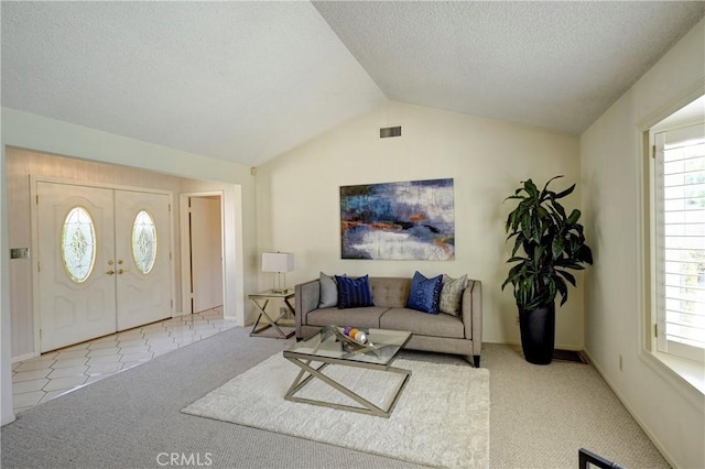 18342 Piper Pl, Yorba Linda, CA 92886 - carpeted living area with lofted ceiling, plenty of natural light, and a textured ceiling