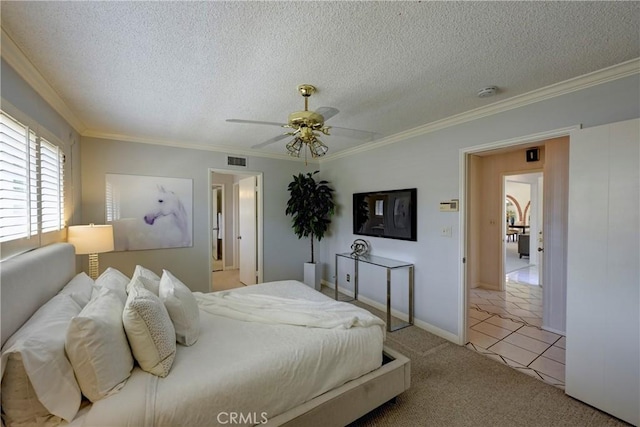 18342 Piper Pl, Yorba Linda, CA 92886 - bedroom featuring ornamental molding, a textured ceiling, carpet, and ceiling fan