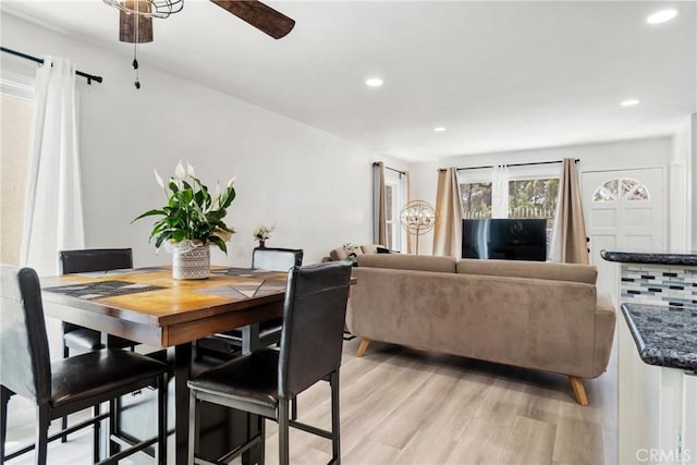 12411 Osborne St Unit 17, Pacoima, CA 91331 - dining area with light wood-type flooring, a ceiling fan, and recessed lighting
