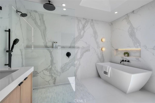 2708 Via Elevado, Palos Verdes Estates, CA 90274 - full bathroom with recessed lighting, a soaking tub, vanity, and a marble finish shower