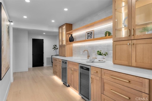 2708 Via Elevado, Palos Verdes Estates, CA 90274 - kitchen featuring beverage cooler, decorative backsplash, light wood finished floors, light countertops, and recessed lighting