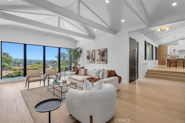 2708 Via Elevado, Palos Verdes Estates, CA 90274 - living room with beam ceiling, recessed lighting, light wood-style flooring, and high vaulted ceiling