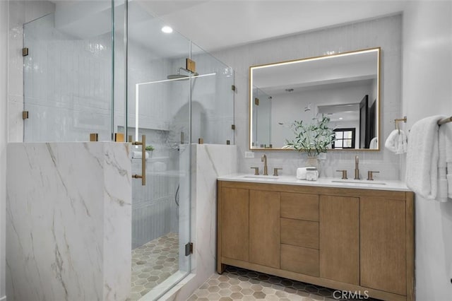 2708 Via Elevado, Palos Verdes Estates, CA 90274 - full bath featuring double vanity, a stall shower, tile patterned flooring, and recessed lighting