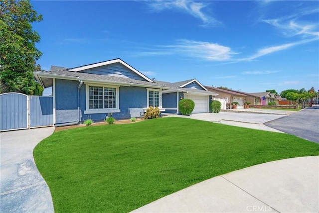 4441 Rustic Rd, Yorba Linda, CA 92886 - single story home featuring concrete driveway, stucco siding, a front lawn, a garage, and a gate