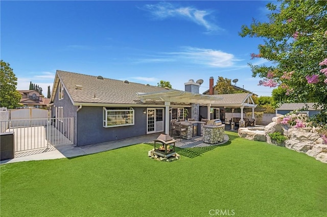 4441 Rustic Rd, Yorba Linda, CA 92886 - back of house featuring a pergola, a patio, stucco siding, a gate, and a chimney