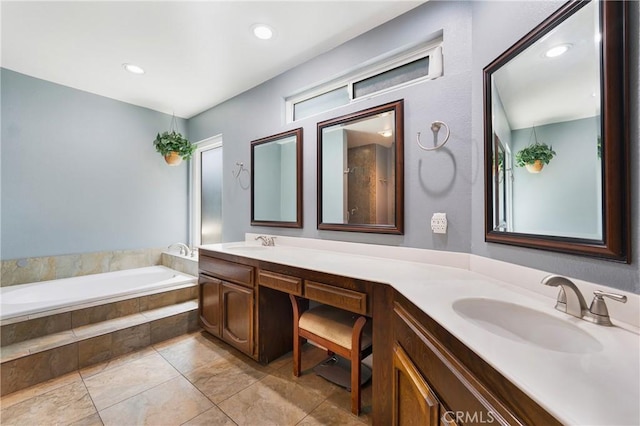 4441 Rustic Rd, Yorba Linda, CA 92886 - bathroom featuring double vanity, a garden tub, and recessed lighting