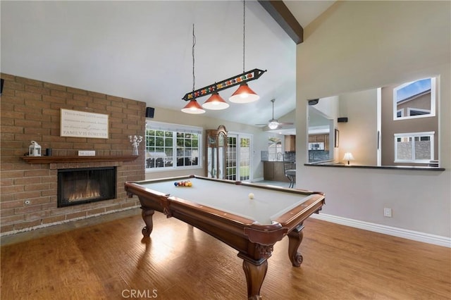 4441 Rustic Rd, Yorba Linda, CA 92886 - recreation room featuring a brick fireplace, wood finished floors, a ceiling fan, pool table, and high vaulted ceiling