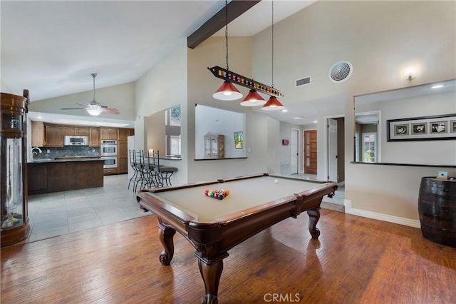 4441 Rustic Rd, Yorba Linda, CA 92886 - playroom with a ceiling fan, light wood-type flooring, high vaulted ceiling, and billiards table