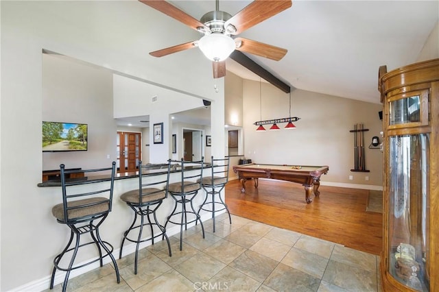 4441 Rustic Rd, Yorba Linda, CA 92886 - kitchen featuring billiards, a ceiling fan, high vaulted ceiling, french doors, and a kitchen breakfast bar