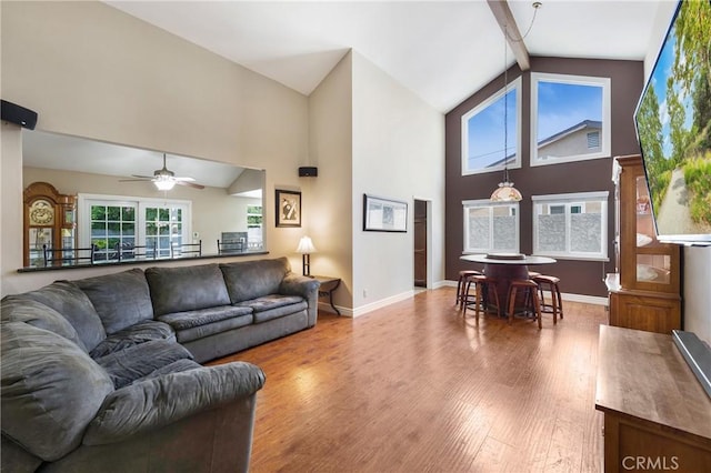 4441 Rustic Rd, Yorba Linda, CA 92886 - living area featuring high vaulted ceiling, wood finished floors, a ceiling fan, and beamed ceiling