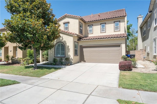 8656 Harvest Pl, Rancho Cucamonga, CA 91730 - mediterranean / spanish-style home with a garage, stucco siding, driveway, a tile roof, and a front yard