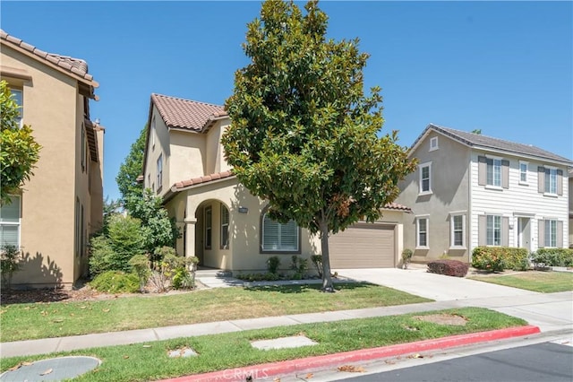 8656 Harvest Pl, Rancho Cucamonga, CA 91730 - view of front facade featuring stucco siding, concrete driveway, a garage, a front yard, and a tiled roof