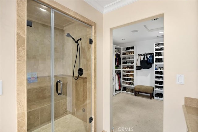 2405 E Alicia St, West Covina, CA 91792 - bathroom with a shower stall, crown molding, and a walk in closet