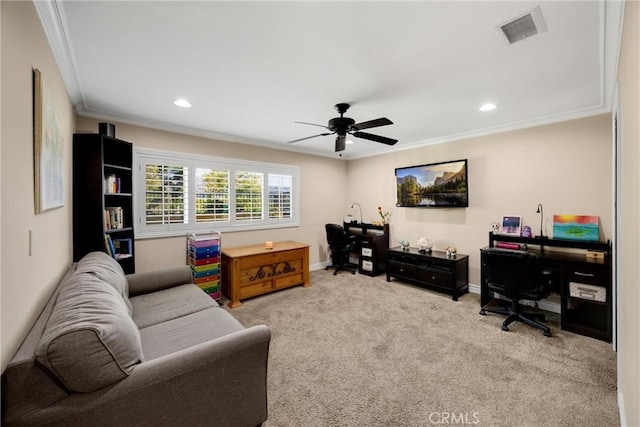 2405 E Alicia St, West Covina, CA 91792 - office featuring ornamental molding, a ceiling fan, carpet floors, and recessed lighting
