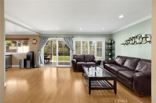 2405 E Alicia St, West Covina, CA 91792 - living area featuring crown molding, wood finished floors, and recessed lighting