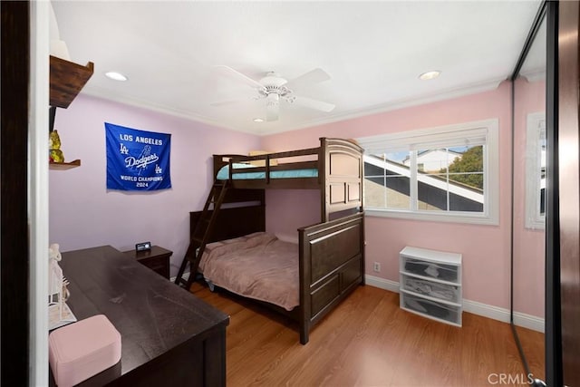2405 E Alicia St, West Covina, CA 91792 - bedroom featuring wood finished floors, recessed lighting, ceiling fan, and crown molding