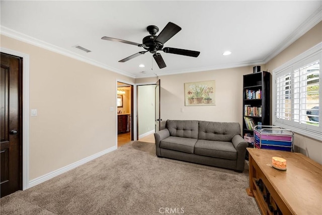 2405 E Alicia St, West Covina, CA 91792 - carpeted living area featuring ornamental molding, recessed lighting, and ceiling fan