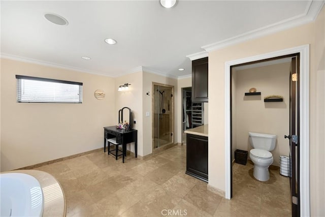 2405 E Alicia St, West Covina, CA 91792 - bathroom with a shower stall, crown molding, a tub, and recessed lighting