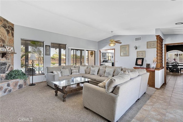 19678 Red Feather Rd, Apple Valley, CA 92307 - living room featuring plenty of natural light, vaulted ceiling, ceiling fan, and light tile patterned floors