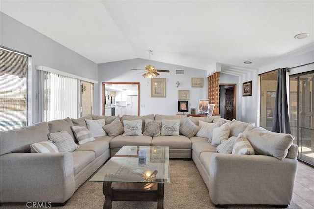 19678 Red Feather Rd, Apple Valley, CA 92307 - living room with lofted ceiling and a ceiling fan