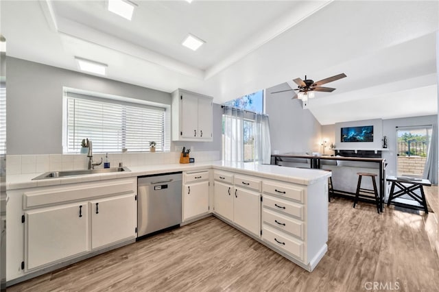 24812 Leto Cir, Mission Viejo, CA 92691 - kitchen featuring stainless steel dishwasher, a tray ceiling, light countertops, and light wood finished floors