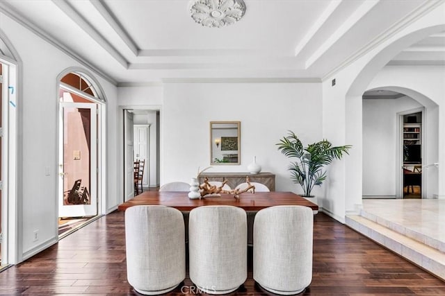 5 Marbella, Dana Point, CA 92629 - dining space with a raised ceiling, wood finished floors, and arched walkways
