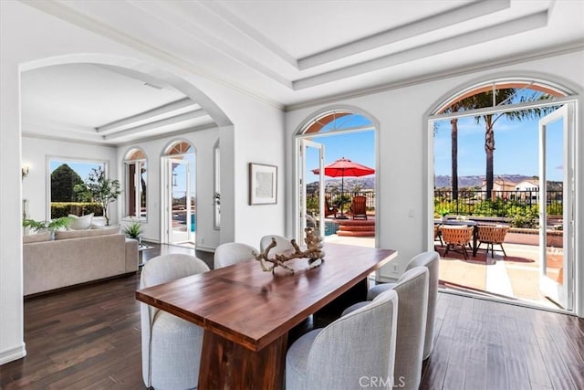 5 Marbella, Dana Point, CA 92629 - dining area featuring a tray ceiling, dark wood finished floors, and arched walkways